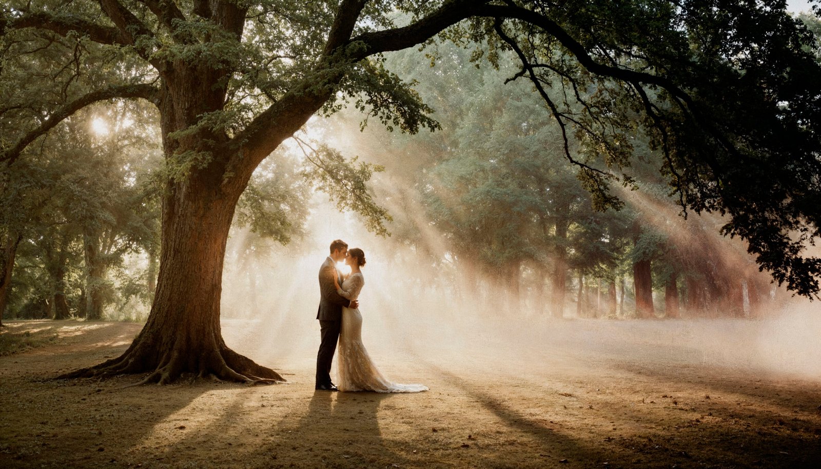 romantic-wedding-couple-majestic-tree-sunlight